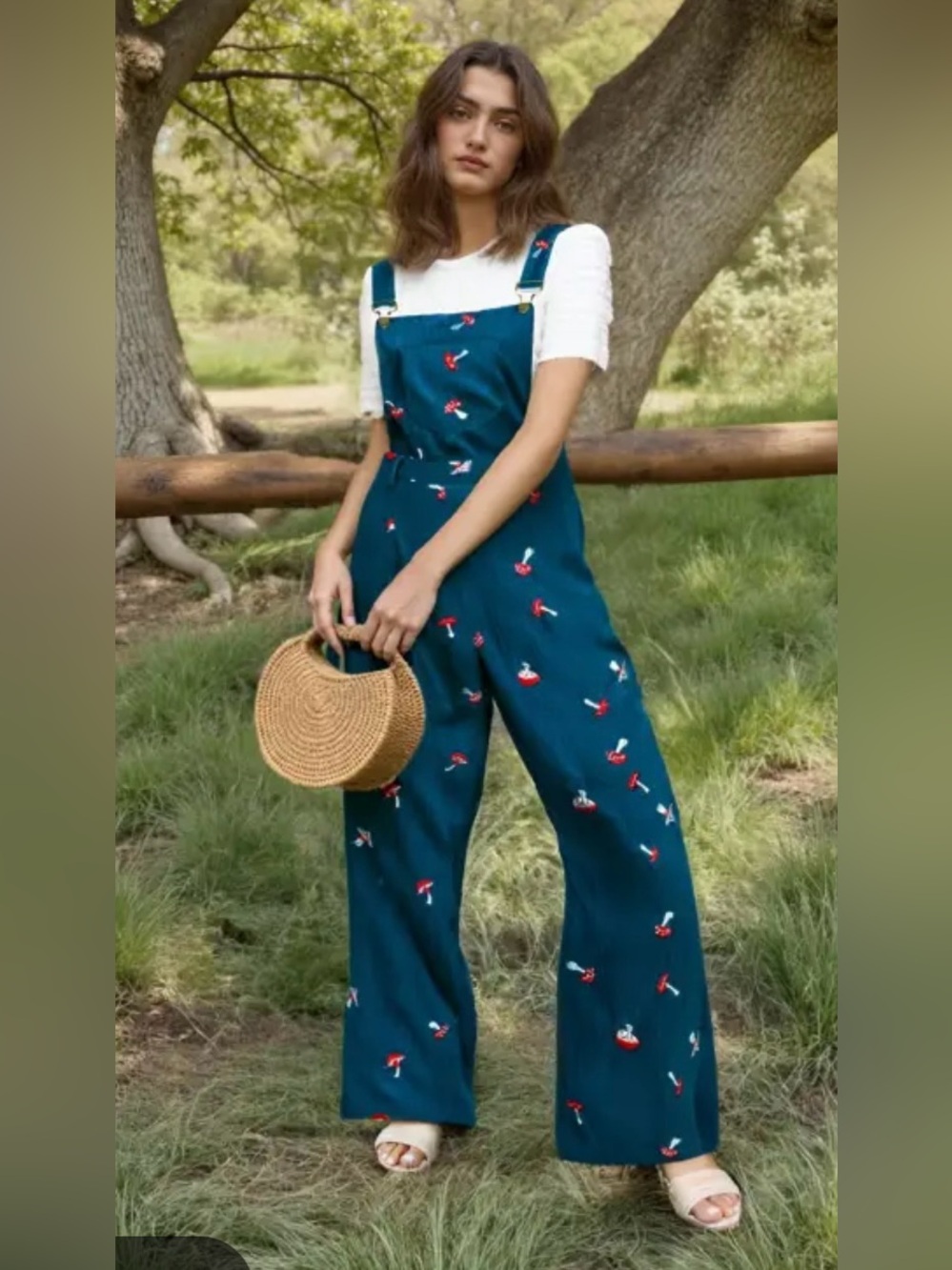 Women’s CIDER Mushroom Embroidered Wide leg Corduroy Overalls L